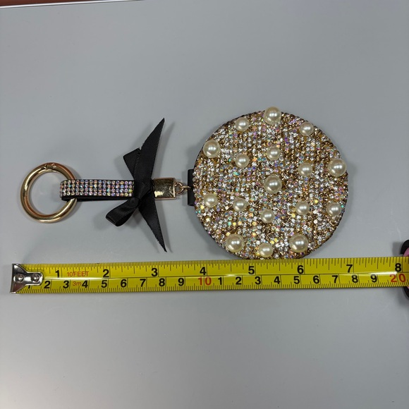 Bejeweled Pearl Accent Round Compact Mirror - Keychain or Bag Charm Gold & Pearl - Picture 8 of 9
